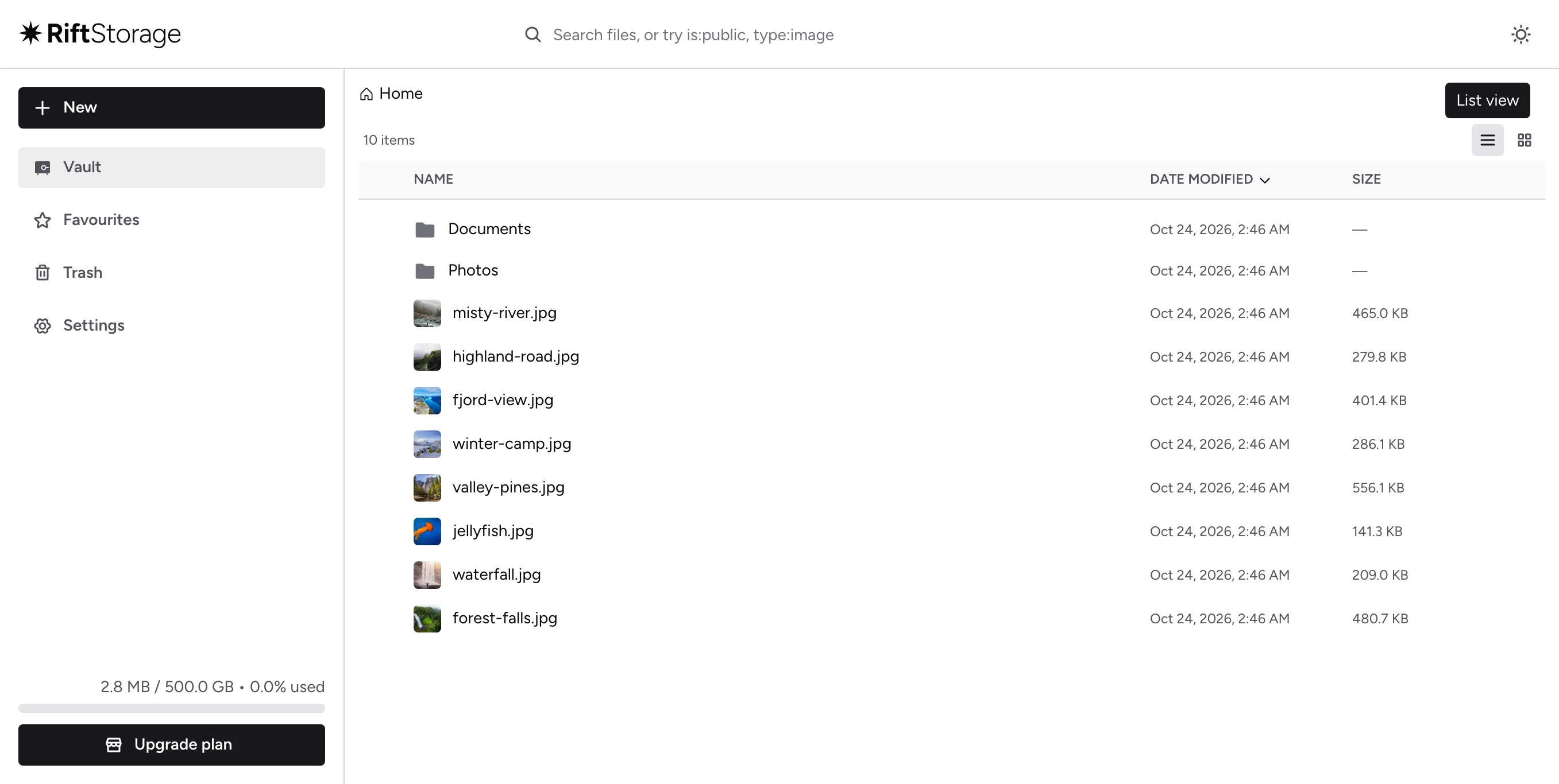 RiftStorage file viewer interface showing secure file management