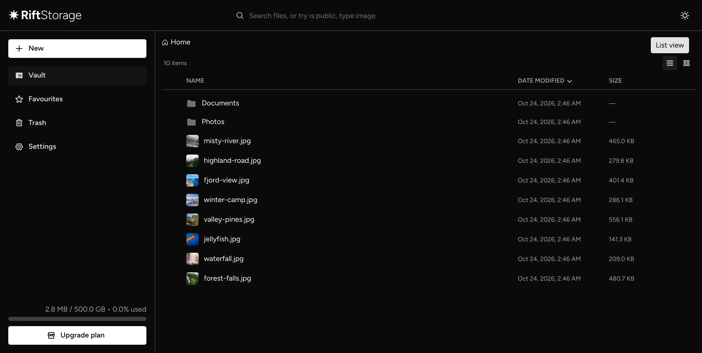 RiftStorage file viewer interface showing secure file management